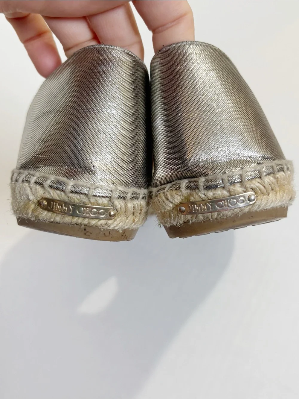 Jimmy Choo Dreya Gold Metallic Lame Espadrille Flats Size 39.5 US 9.5 Studded